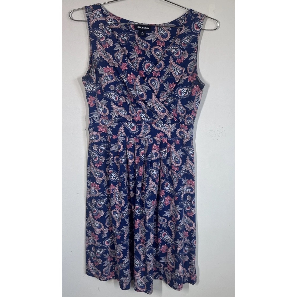 Lands End Purple Paisley Sleeveless V-Neck Cotton Midi Dress Women's M Coastal